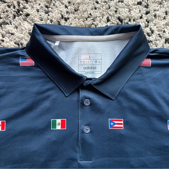 Adidas Polo Shirt Navy Blue North America Flags Print Mazda Logo Men’s Large - Picture 2 of 13